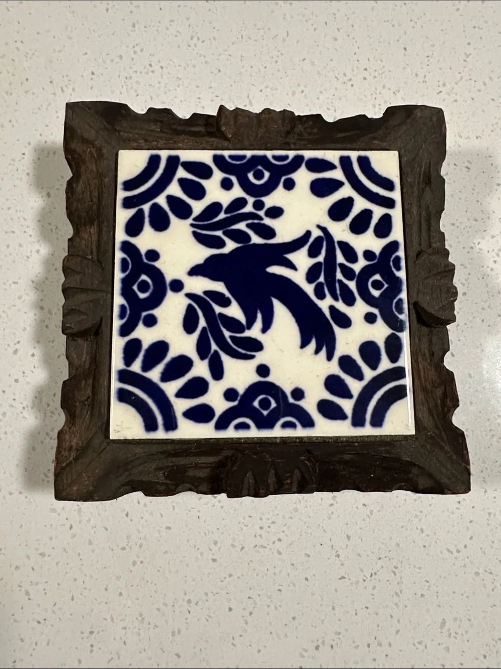Handmade Blue and White Ceramic Tile Trivet with Carved Wooden Frame